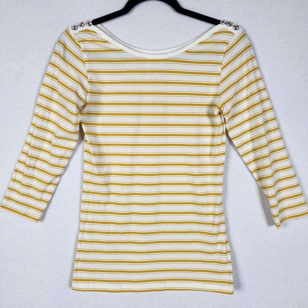 Matilda Jane Yellow White Striped Stretchy Sunny Boat Neck Button Shoulder Tee S